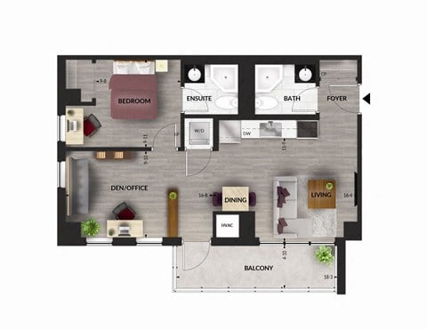 Floor plan for 1 bed, 2 baths, 787 sqft